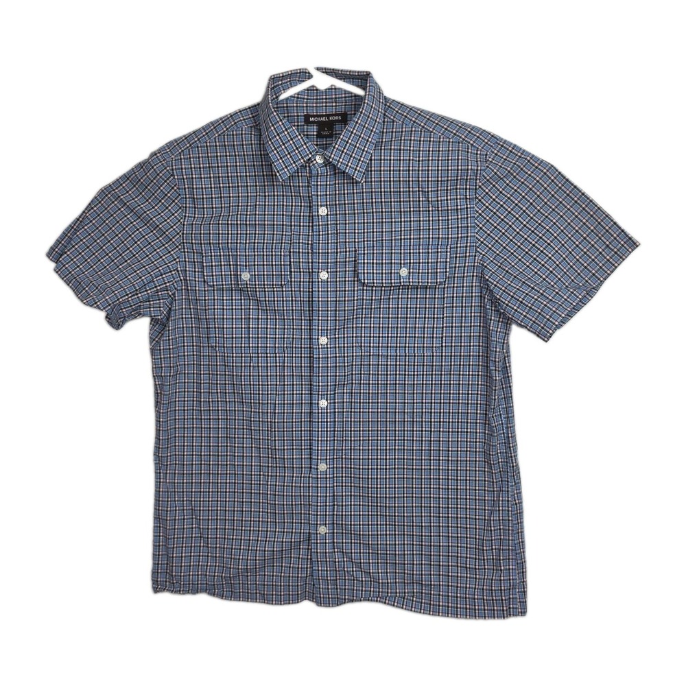 Michael Kors Button-Up Shirt Men's L Blue/White/Green Plaid Short Sleeves‎